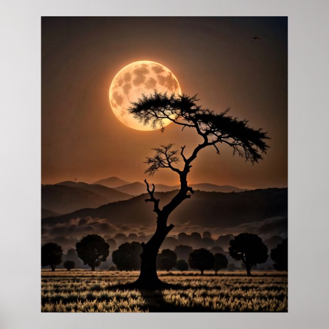 Amber-Toned Surreal Landscape with Full Moon Poster (Front)