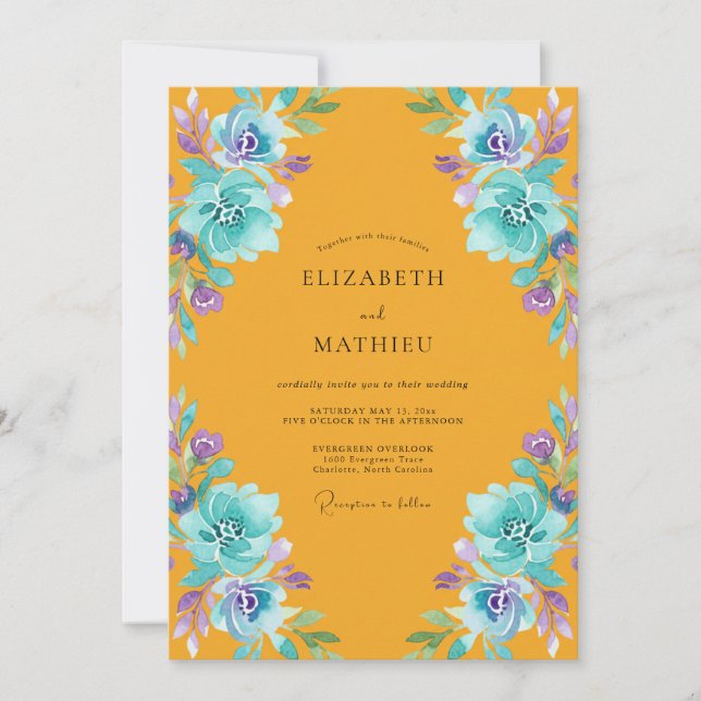Amber Turquoise Bloom Wedding Invitation (Front)