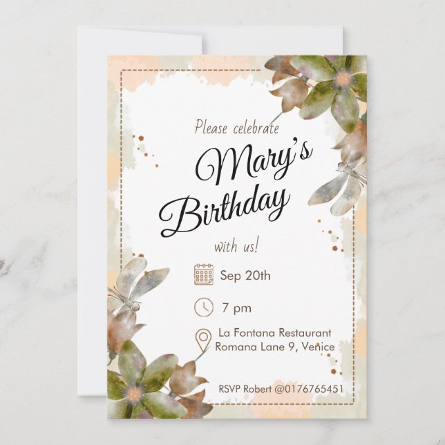 Amber Watercolour Florals Birthday Invitation (Front)