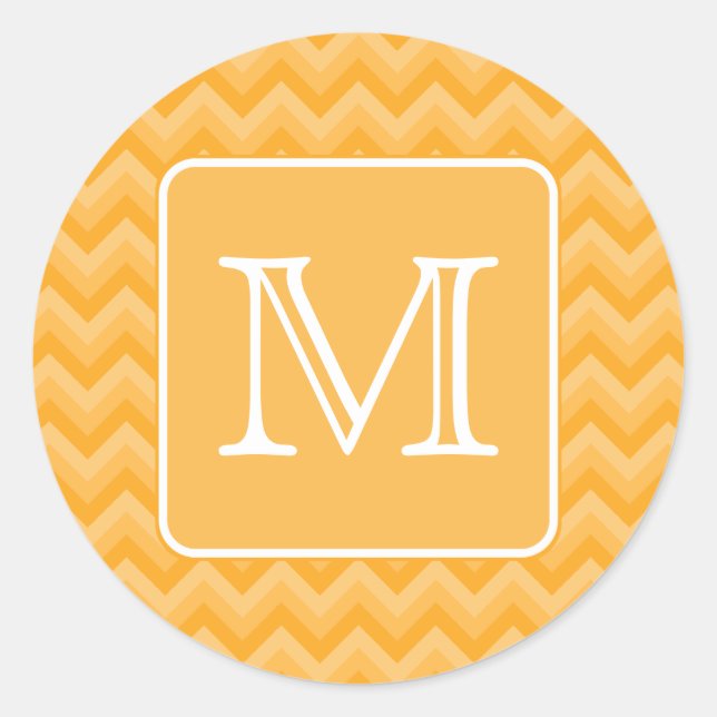 Amber Yellow Chevron Pattern. Custom Monogram. Classic Round Sticker (Front)