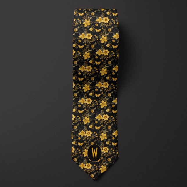 Amber Yellow Floral on Black Neck Tie (Creator Uploaded)