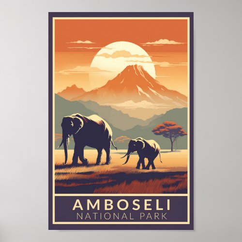 Amboseli National Park Kenya Travel Art Vintage Poster