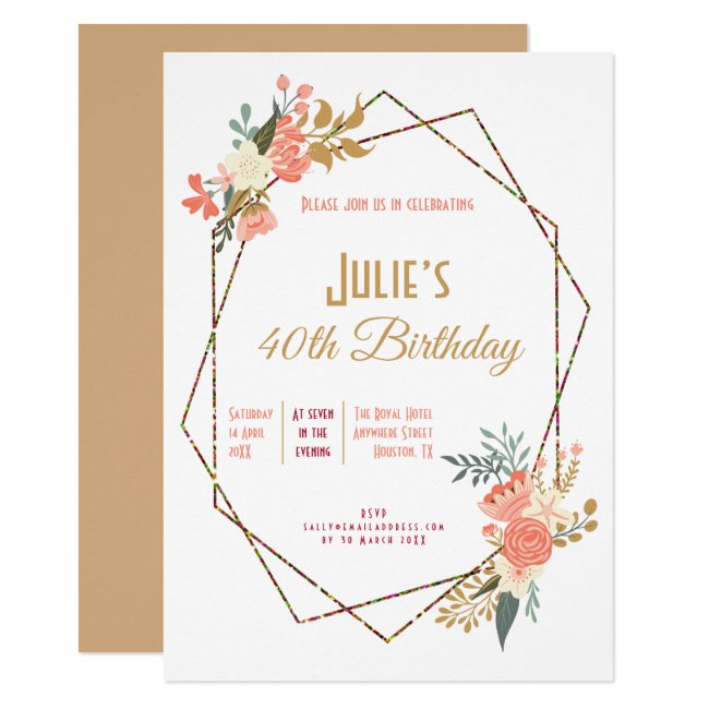 Ambrose Coral Floral Geometric Frame 40th Birthday Invitation