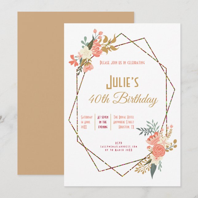 Ambrose Coral Floral Geometric Frame 40th Birthday Invitation (Front/Back)