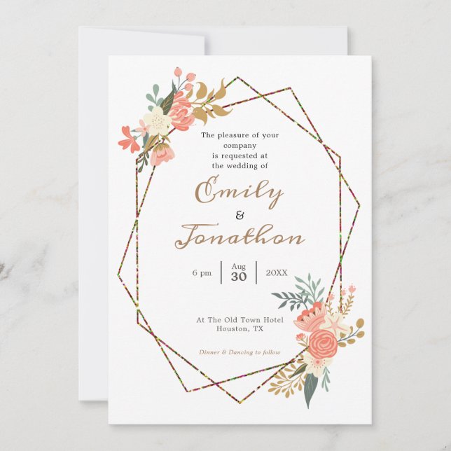Ambrose Coral Floral Geometric Frame Wedding Invitation (Front)