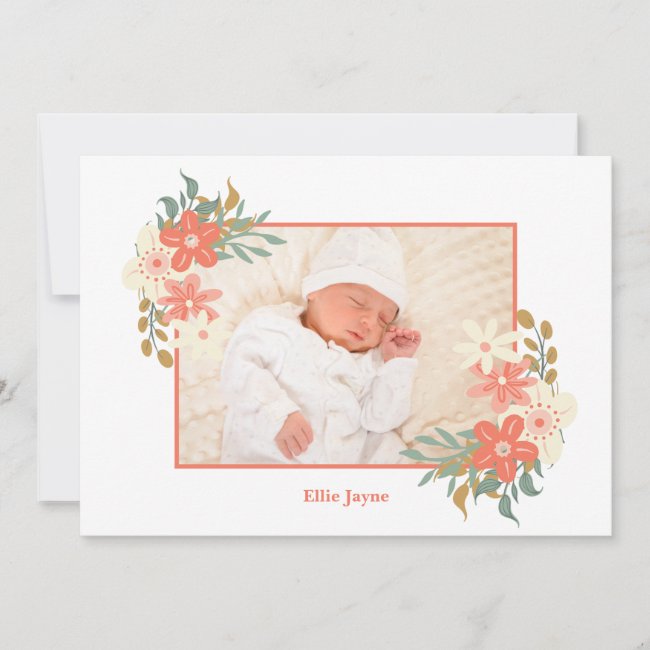 Ambrose Florals Leaf Photo Baby Girl Announcement