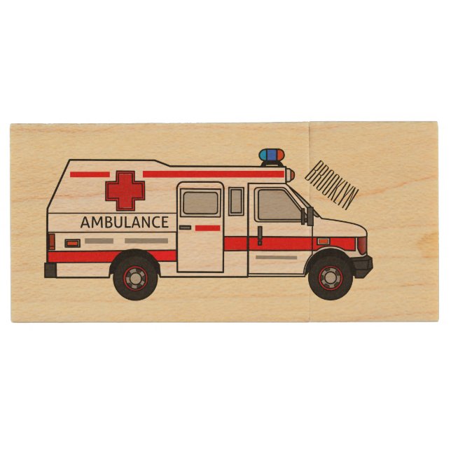 Ambulance cartoon illustration wood flash drive (Front)