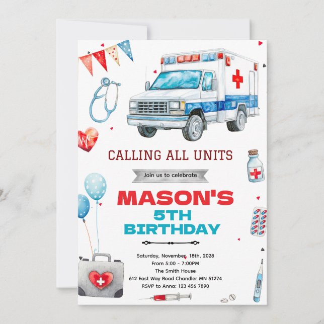 Ambulance party theme invitation (Front)