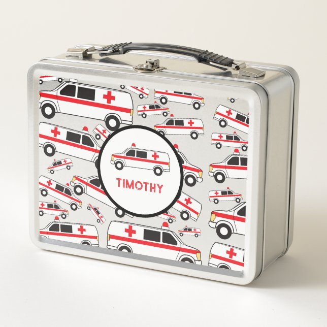 Ambulance Pattern Custom Name School Metal Lunch Box (Front)
