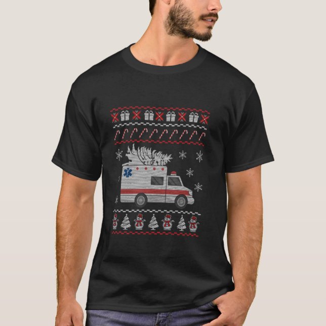 Ambulance Ugly Christmas Pajama Costume EMT Parame T-Shirt (Front)