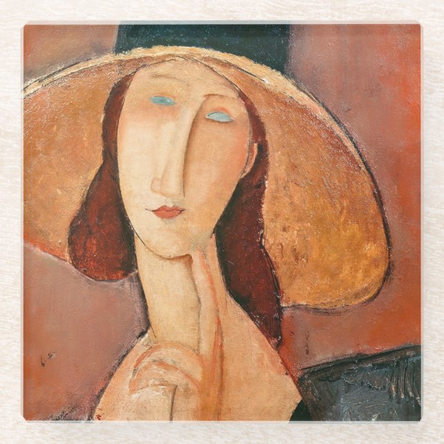 Amedeo Modigliani - Jeanne Hebuterne in Large Hat Glass Coaster (Front)