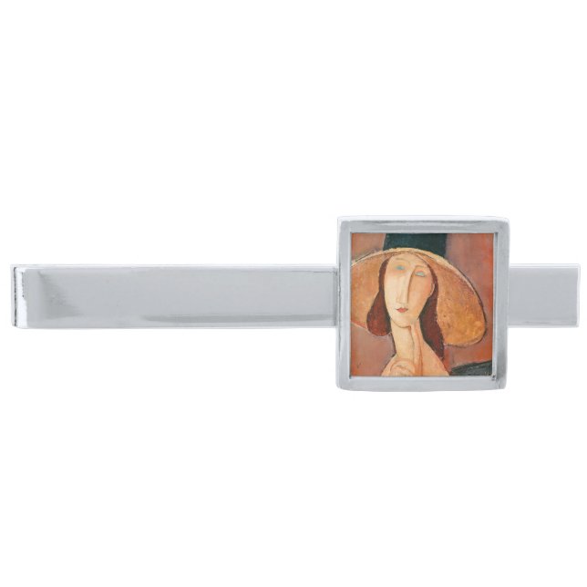 Amedeo Modigliani - Jeanne Hebuterne in Large Hat Silver Finish Tie Bar (Front)
