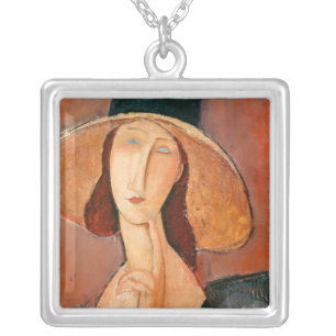 Amedeo Modigliani - Jeanne Hebuterne in Large Hat Silver Plated Necklace