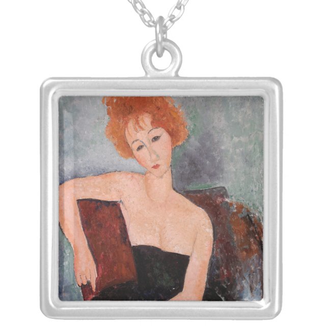 Amedeo Modigliani - Redheaded Girl Evening Dress Silver Plated Necklace (Front)