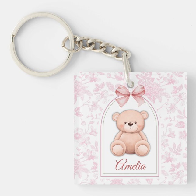 Amelia | Custom Pink Teddy Bear Nursery Design  Keychain (Front)