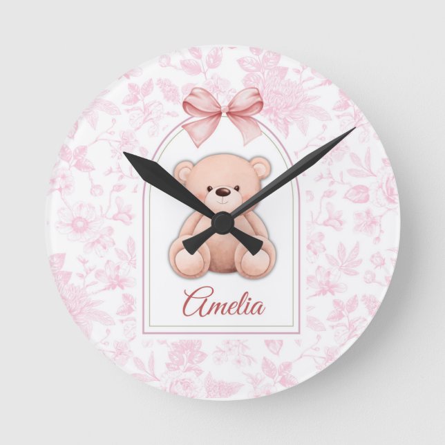Amelia | Custom Pink Teddy Bear Nursery Design  Round Clock (Front)