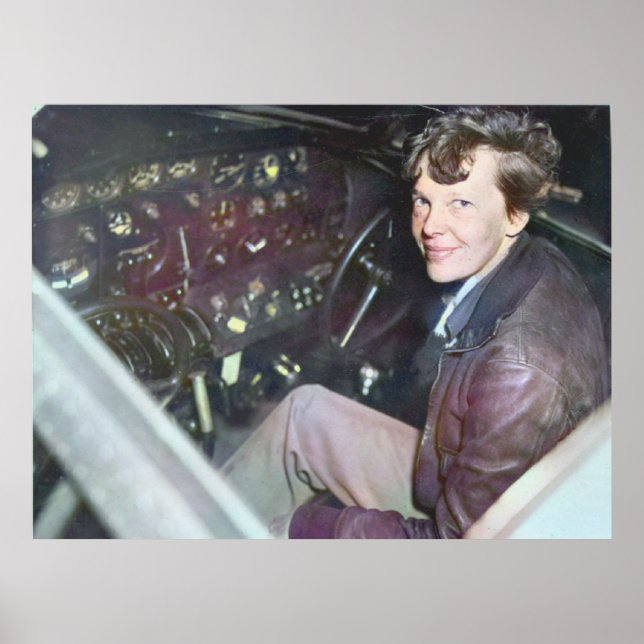 Amelia Earhart Candid Airplane Cockpit Colorized  Poster (Front)