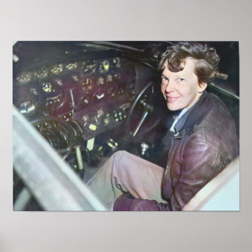 Amelia Earhart Candid Airplane Cockpit Colorized   Poster