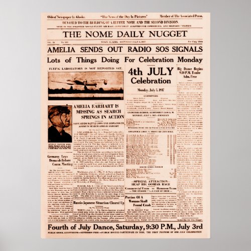 Amelia Earhart Missing Full Page Newspaper 1937 Poster