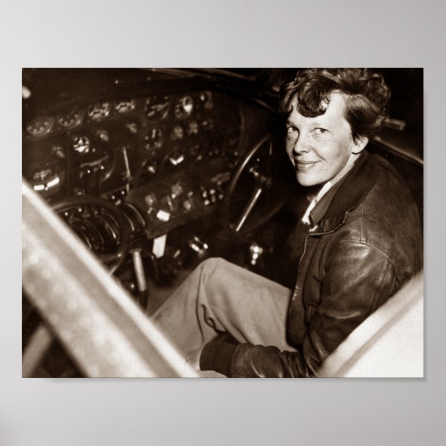 Amelia Earhart Sitting In Airplane Cockpit Poster (Front)