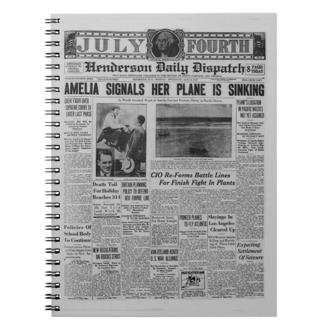 Amelia Earhart Vintage Newspaper Story Notebook (Front)