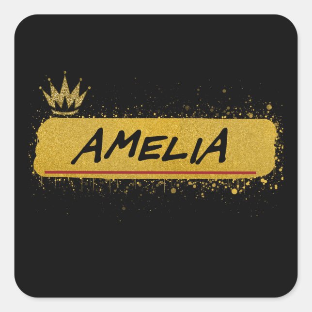 Amelia first Name Gold Glitter Queen Square Sticker (Front)