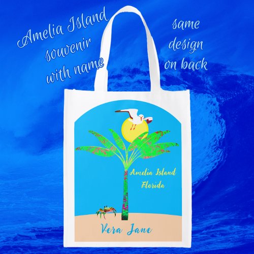 Amelia Island FL Palm Seagull Crab with Name Grocery Bag