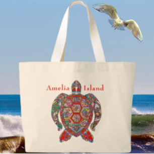 Amelia Island Florida Colorful Sea Turtle Large Tote Bag
