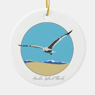 Amelia Island, Florida Sea Gull over Beach Ceramic Ornament