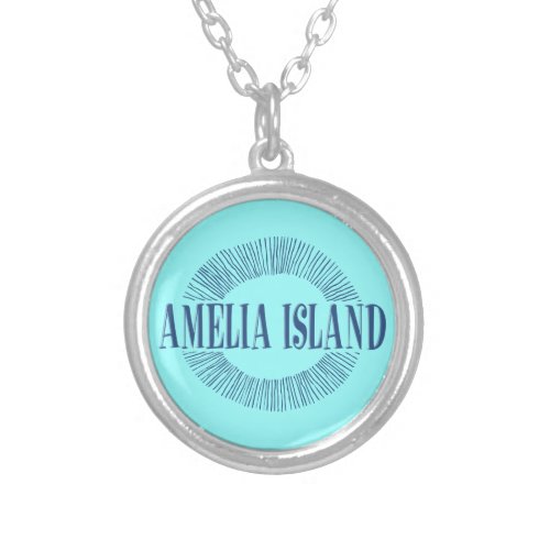 Amelia Island in blue with sun design Silver Plated Necklace