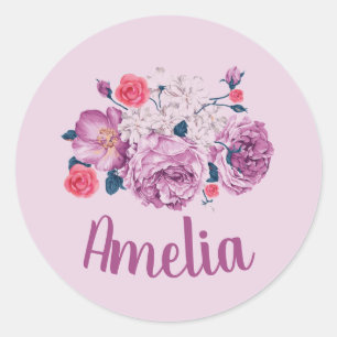 Amelia Name Floral Custom Vintage Flower Rose Girl Classic Round Sticker