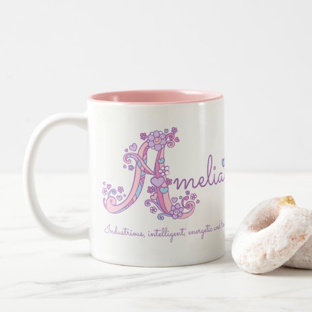Amelia name meaning decorative A monogram mug (With Donut)