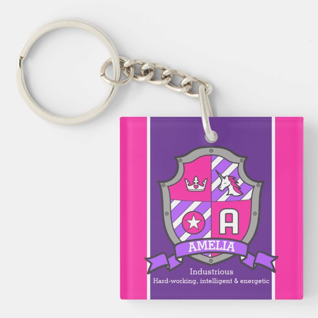 Amelia name meaning letter A unicorn crest custom Keychain (Front)
