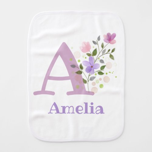 Amelia Name with a Floral Design Baby Burp Cloth