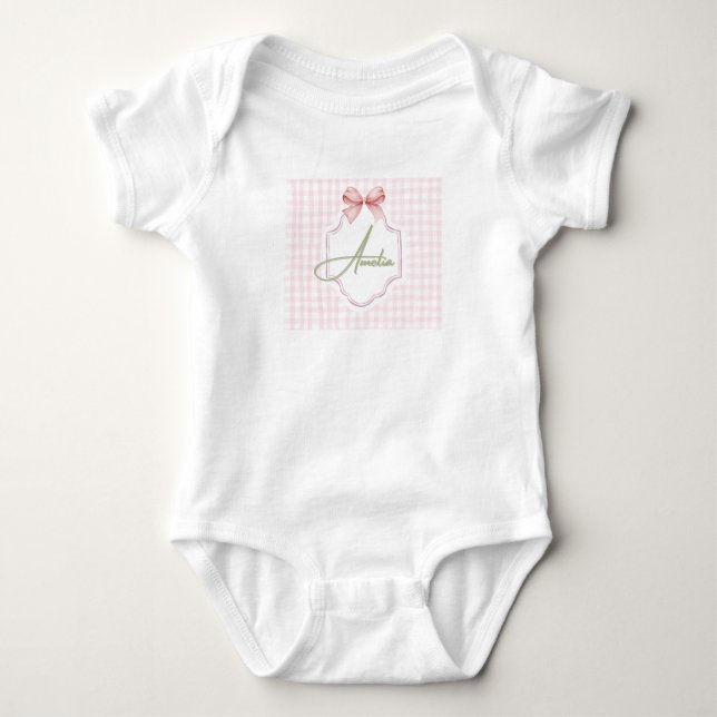 Amelia Personalized Pink Bow & Gingham Print  Baby Bodysuit (Front)