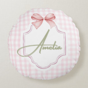 Amelia Personalized Pink Bow & Gingham Print  Round Pillow