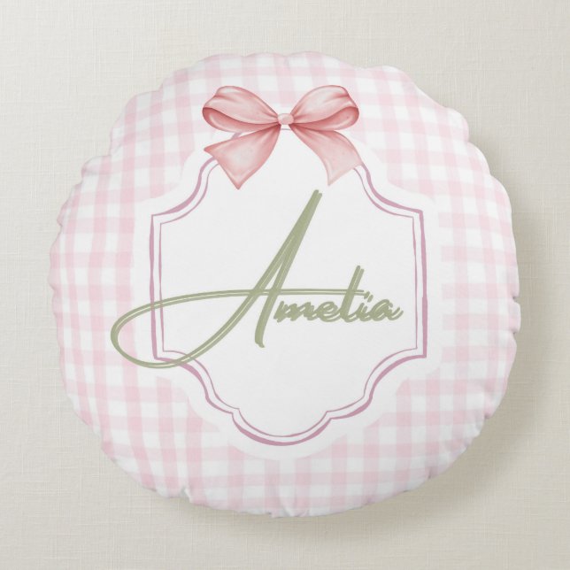 Amelia Personalized Pink Bow & Gingham Print  Round Pillow (Front)
