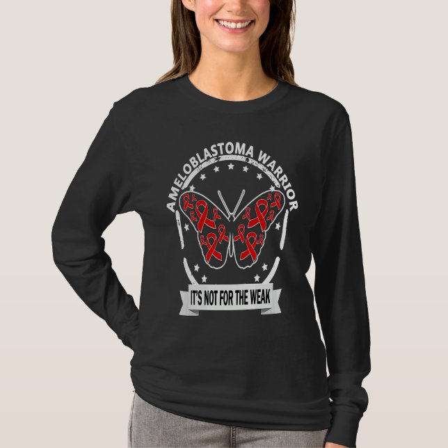 Ameloblastoma Warrior red ribbon butterfly awarene T-Shirt (Front)