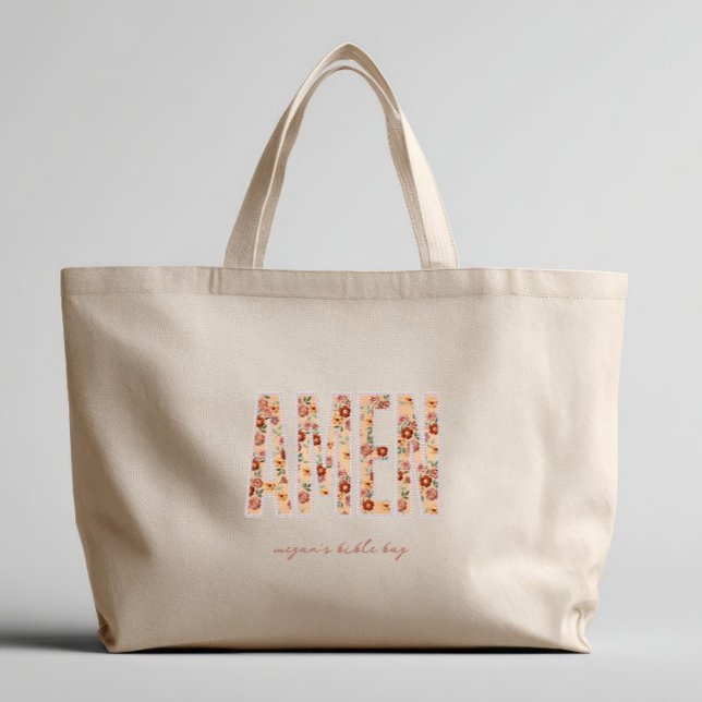 Amen Floral Appliqué Custom Bible Book Tote Bag (Creator Uploaded)