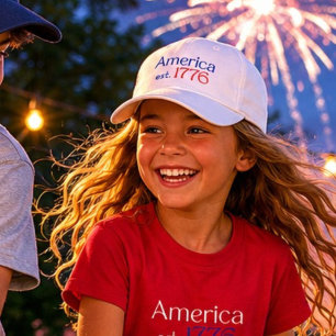 America 250 Birthday est 1776 Typography Red Blue Hat