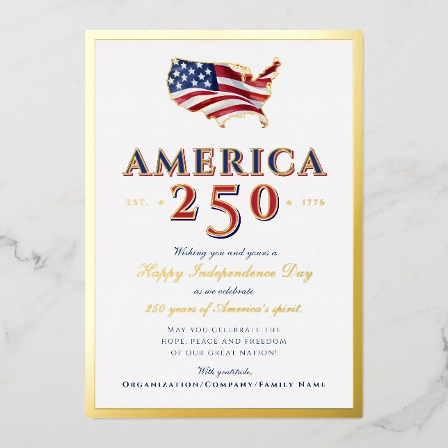 America 250 Map Semiquincentennial Patriotic Blue Foil Holiday Card (Front)