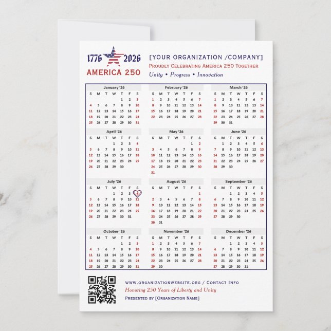 America 250 Patriotic 2026 Calendar Keepsake Card (Front)