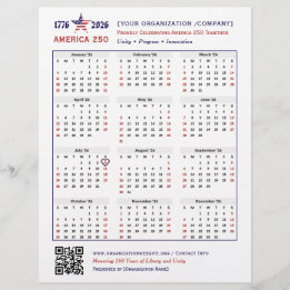 America 250 Patriotic 2026 Calendar Keepsake Flyer