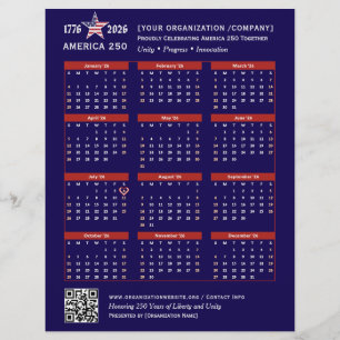 America 250 Patriotic Blue 2026 Calendar Keepsake Flyer