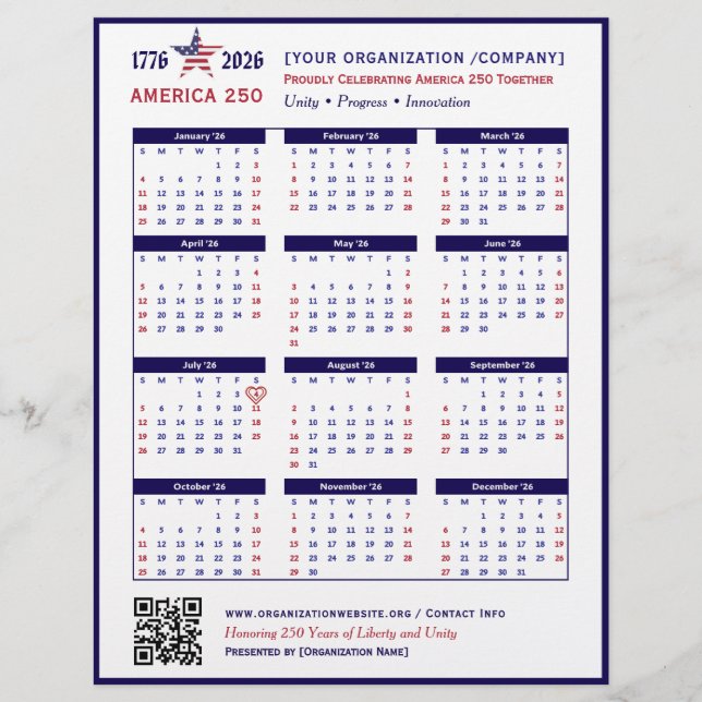 America 250 Patriotic Blue 2026 Calendar Keepsake Flyer (Front)