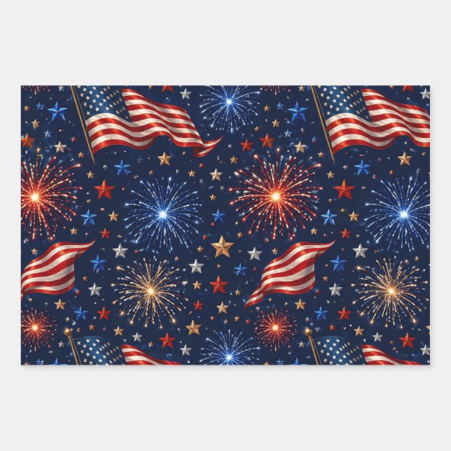 America 250 Patriotic Fireworks Flag Pattern Wrapping Paper Sheets (Front)