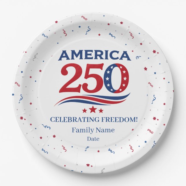 AMERICA 250 - Personalized Reunion Red White Blue Paper Plates (Front)