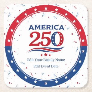 AMERICA 250 - Personalized Reunion Red White Blue Square Paper Coaster