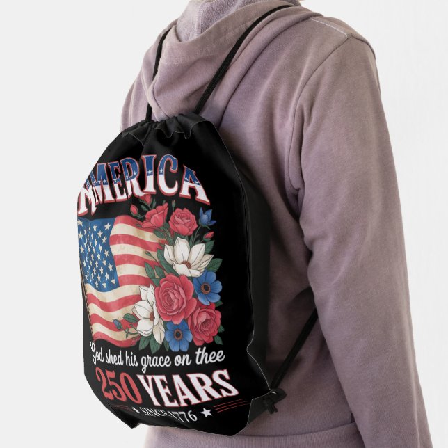 America 250 Years Flag Floral Drawstring Bag (Insitu)