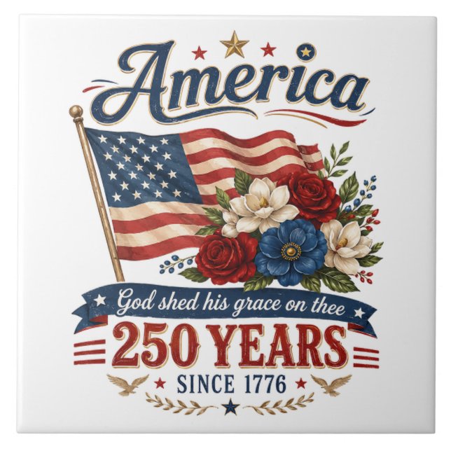 America 250 Years Floral Flag Ceramic Tile (Front)